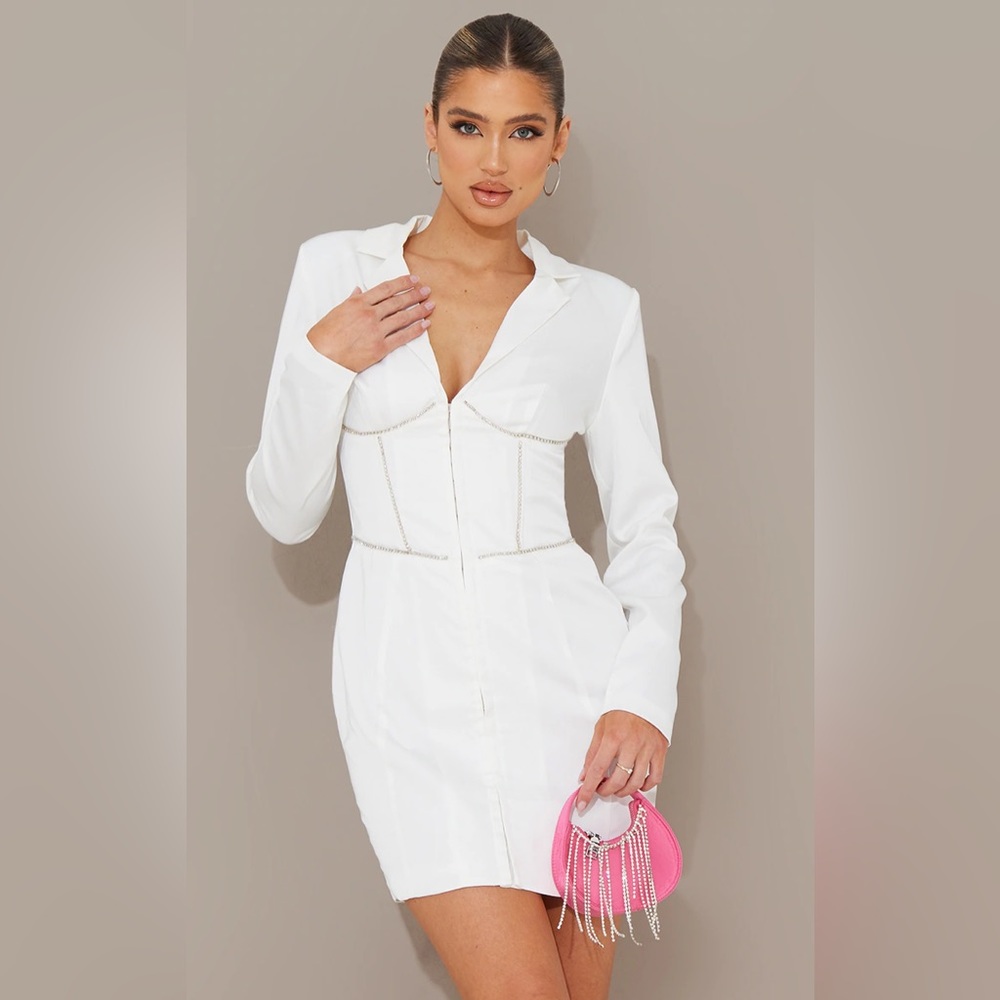 White Satin Diamante Corset Detail Blazer Dress